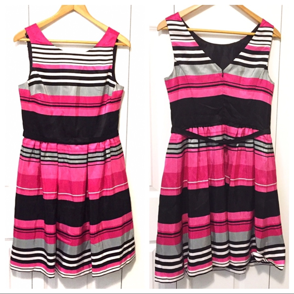 Dress Barn | Fit & Flare Striped Dress Pink Black 8